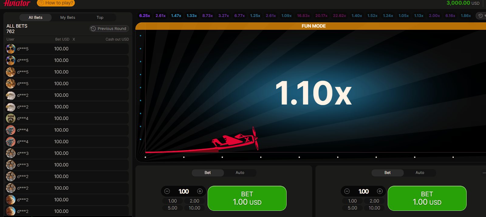 interface of aviator game